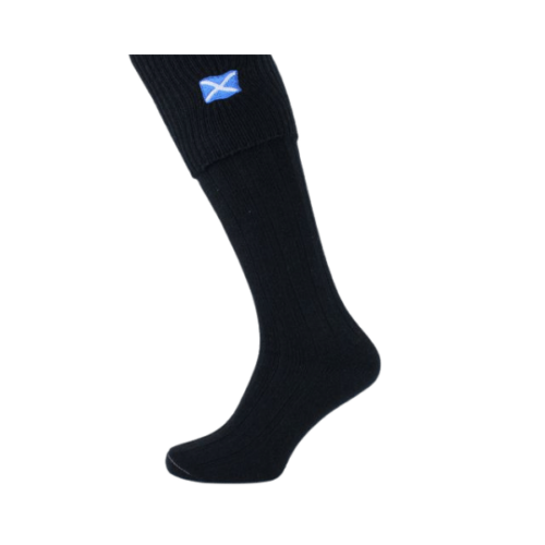 Black kilt sock with embroidered saltire near the knee
